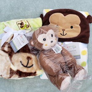 Baby Blankets 1 Hooded + 1 Fleece + Plush Monkey